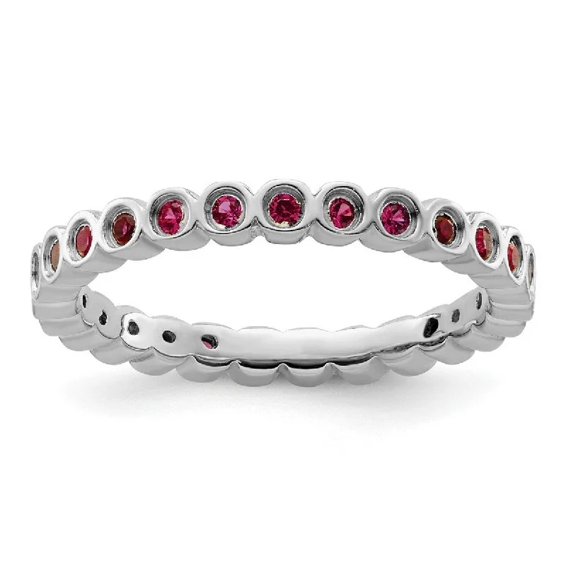 Women’s emerald-cut rings-Curata 925 Sterling Silver Bezel Polished Patterned Stackable Expressions Created Ruby Ring