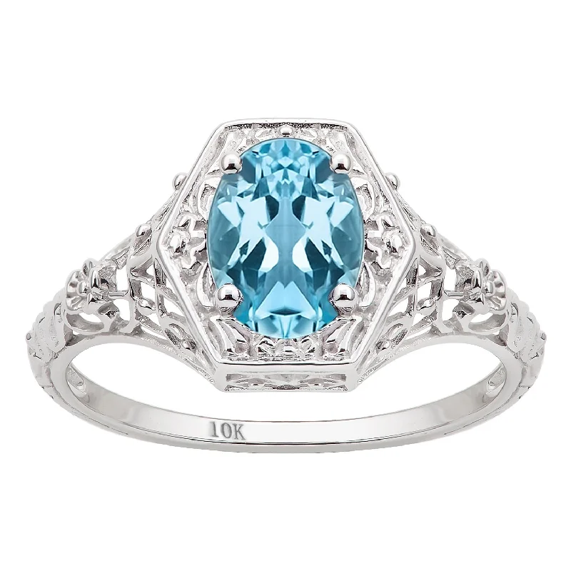 Women’s luxury engagement rings-Viducci 10k White Gold Vintage Style Genuine Oval Blue Topaz Ring