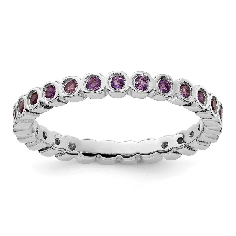 Women’s mixed metal rings-Curata 925 Sterling Silver Bezel Polished Patterned Stackable Expressions Amethyst Ring