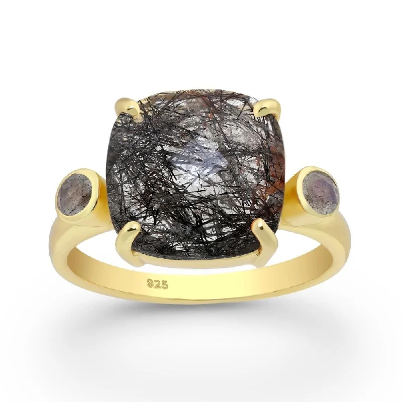 Women’s modern engagement rings-Sterling Silver 18kt Gold Plated & Black Rutilated Quartz Square Prong Set Ring