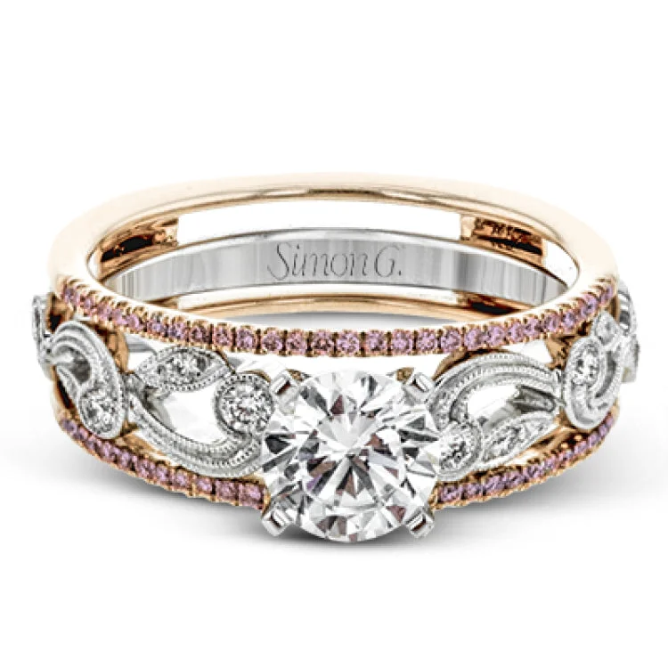 Women’s classic engagement rings-This remarkable set provides the looks of three rings, with a yellow gold ring guard set with yellow diamonds that encompasses the center white gold engagement ring.