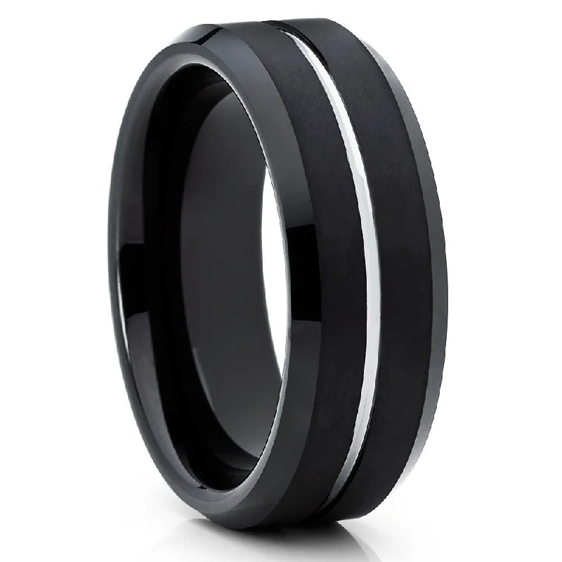 Women’s minimalist engagement rings-Black Tungsten Carbide Wedding Ring 8Mm Silver Groove Comfort Fit Cobalt Free