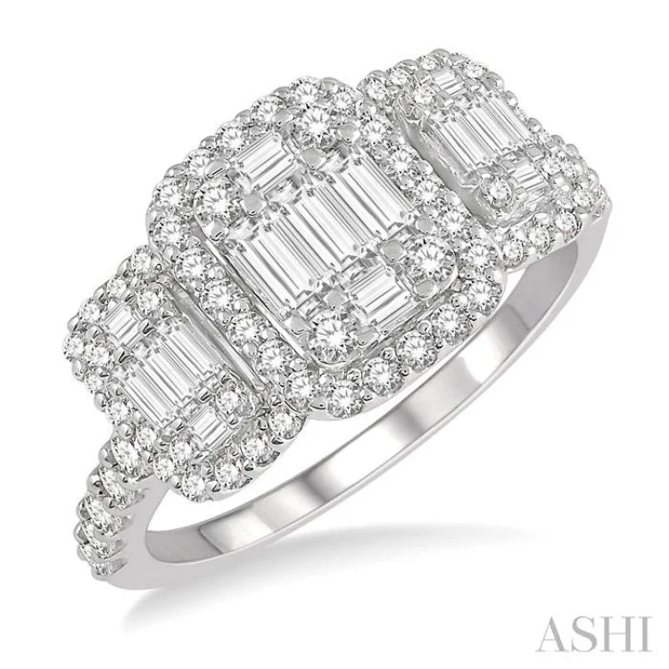 Women’s luxurious engagement rings-1 1/6 Ctw Triple Mount Baguette & Round Cut Fusion Diamond Ring in 14K White Gold