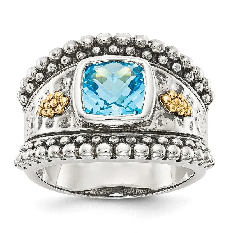 Women’s wedding ring sets-Curata 925 Sterling Silver Polished Open back With 14k Blue Topaz Ring