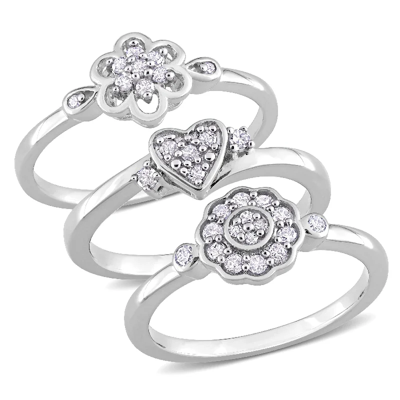 Women’s diamond wedding bands-Miadora 3-Piece Set 2/5ct TW Diamond Heart Flower Rings Sterling Silver