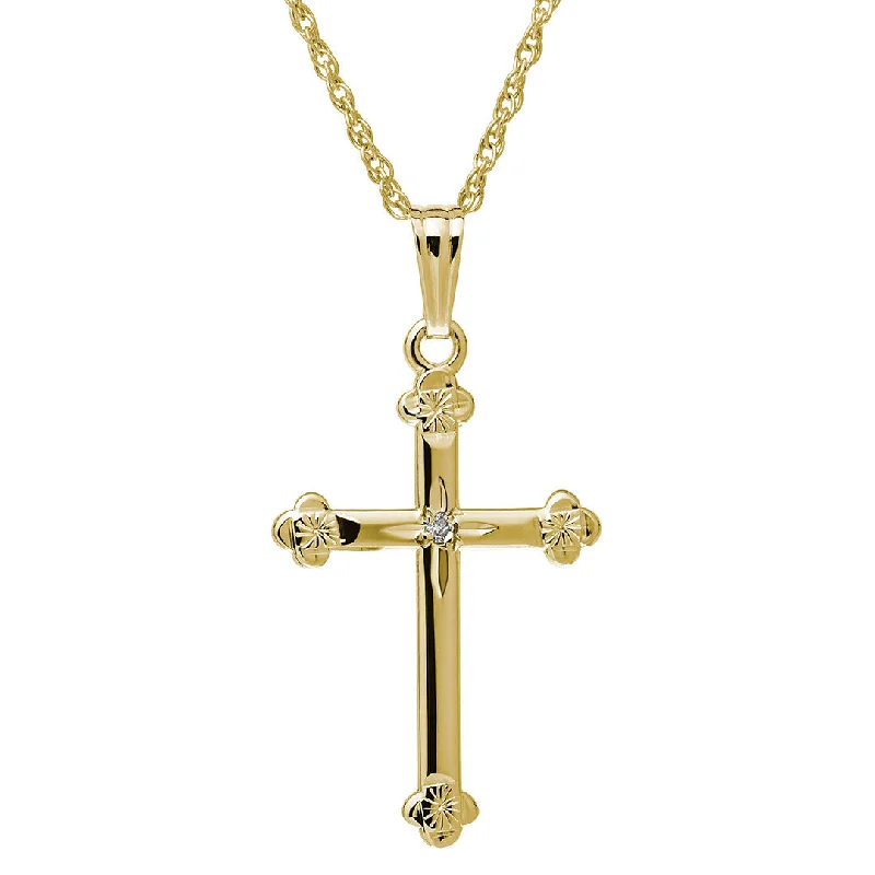 Women’s wedding anniversary necklaces-Diamond 14K Yellow Gold Budded Cross Pendant Necklace