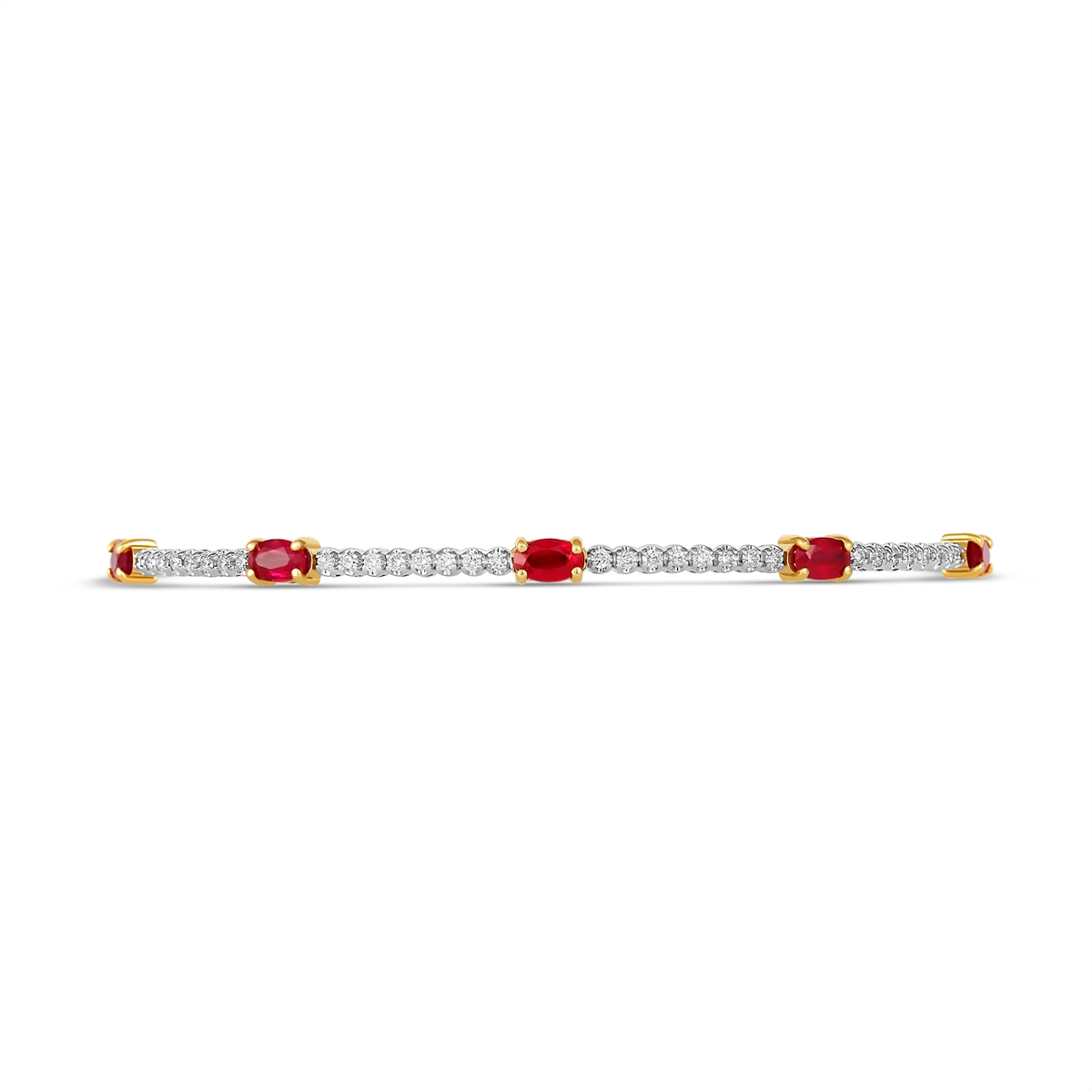 Women’s multi-stone bracelets-14K White Gold Diamond Clasped Bangle with Yellow Gold Set Oval Rubies