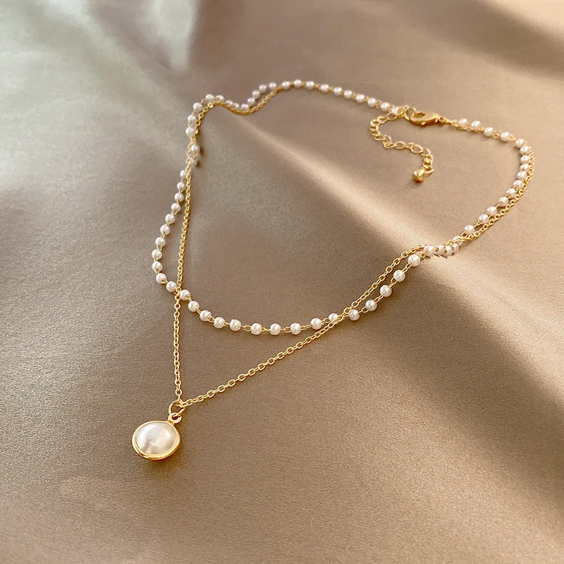 Double-layer pearl necklace-B028 Gold