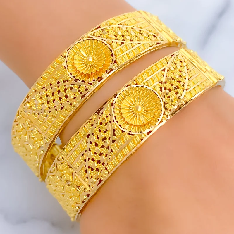 Women’s adjustable charm bracelets-Unique Embossed 3D Flower 22k Gold Bangle Pair