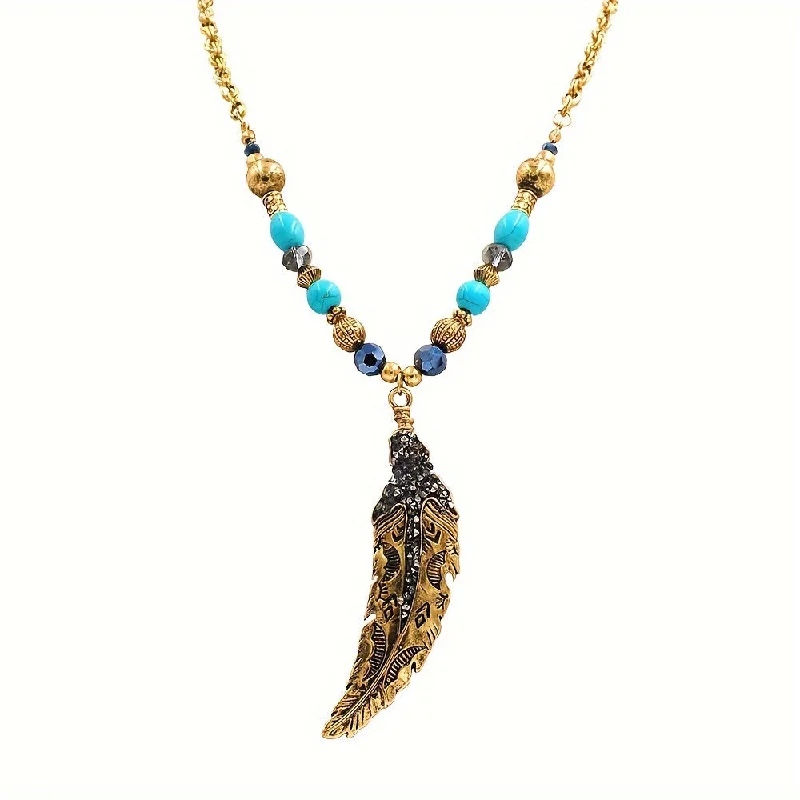 Women’s luxurious necklaces-Casual Retro Feather Alloy Beaded Unisex Sweater Chain