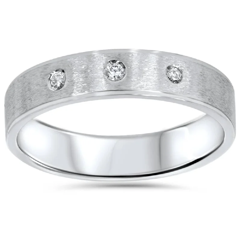 Women’s platinum diamond engagement rings-Mens White Gold Brushed Diamond Wedding Ring Band