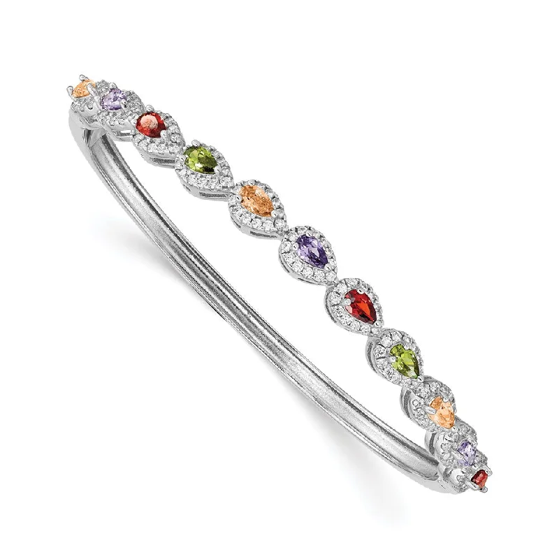 Women’s bangle bracelets-Sterling Silver Rhodiu -plated Multi-Color CZ Hinged Bangle-WBC-QB1326