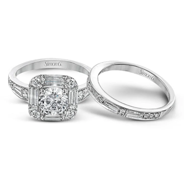 Women’s emerald engagement rings-With a vintage touch, this stunning wedding set combines the understated elegance of baguette diamonds with the bright shine of round diamonds.