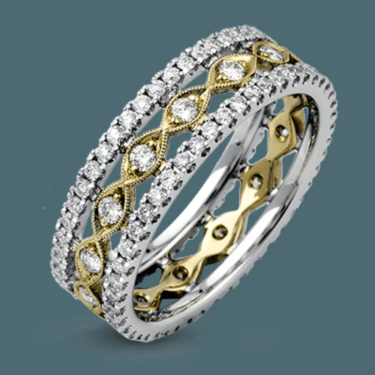 Women’s diamond engagement rings for proposal-This wonderful 18k gold band features .87 ctw of white diamonds set into an intricate, three layer design.  It can be worn on its own as a fashion statement or function as a wedding band.