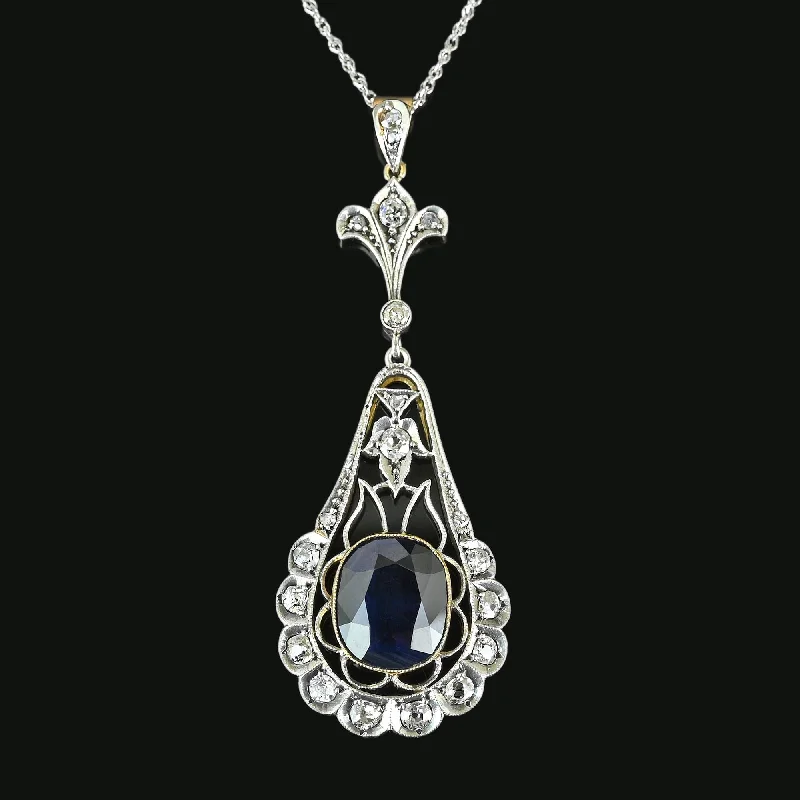 Women’s sparkling necklaces-Edwardian Mine Cut Diamond 6.5 CTW Sapphire Pendant Necklace