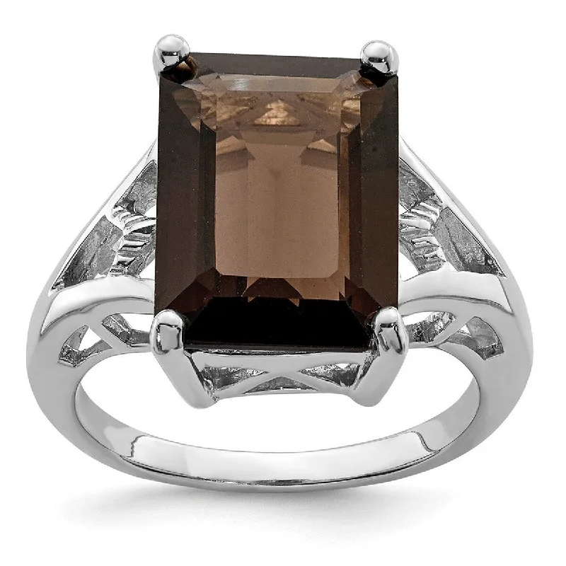 Women’s stylish engagement rings-Curata 925 Sterling Silver Polished Open back Rhodium Smokey Quartz Ring