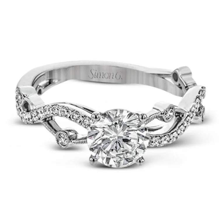 Women’s platinum diamond engagement rings-A modern, unique design, this 18k gold engagement ring featuring an intertwined design set with .22 ctw of white diamonds.