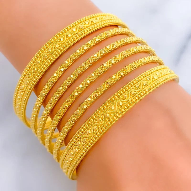 Women’s casual cuff bracelets-Golden Alluring 22k Gold Wavy Bangle Set