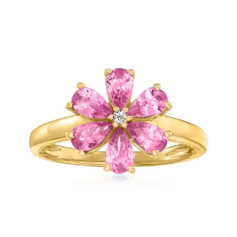 Women’s solitaire rings-14k Yellow Gold Over Sterling Silver Pink Tourmaline and White Zircon Gemstone Flower Rings