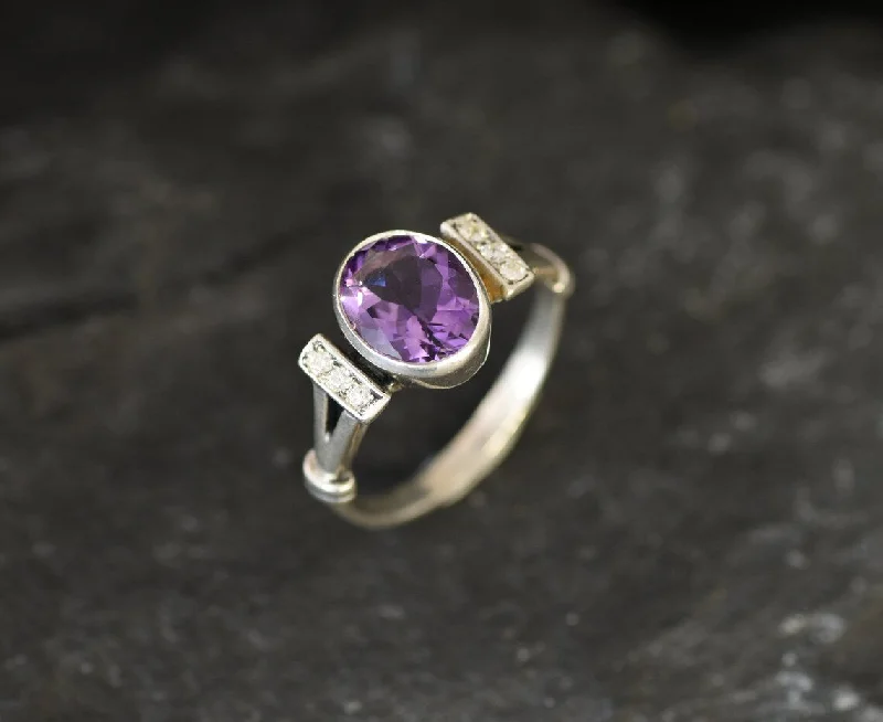 Women’s custom engagement ring designs-Real Amethyst Ring - Purple Engagement Ring - Vintage Oval Ring