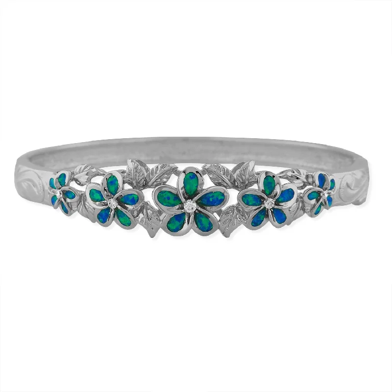 Women’s premium bangles-Sterling Silver Synthetic Blue Opal Five Plumeria Maile Bangle 7 Inch