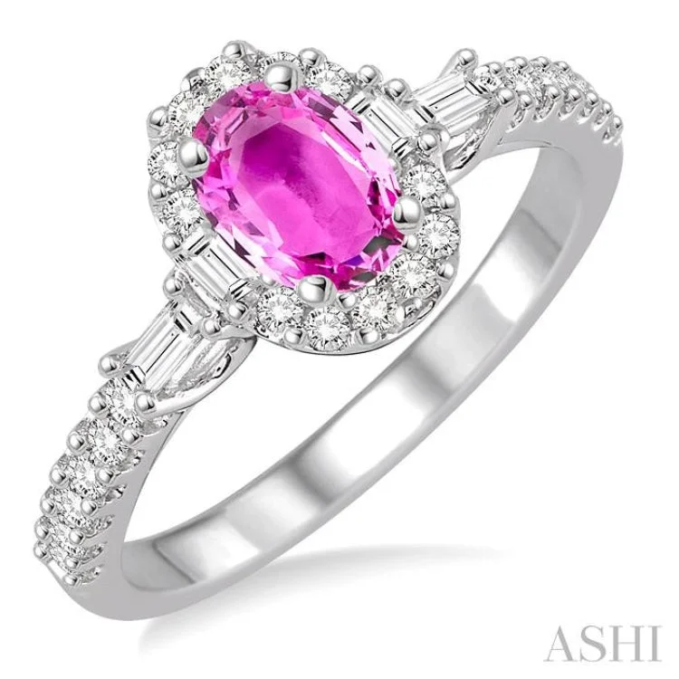 Women’s personalized diamond engagement rings-6x4 MM Oval Shape Pink Sapphire and 3/8 Ctw Diamond Ring in 14K White Gold