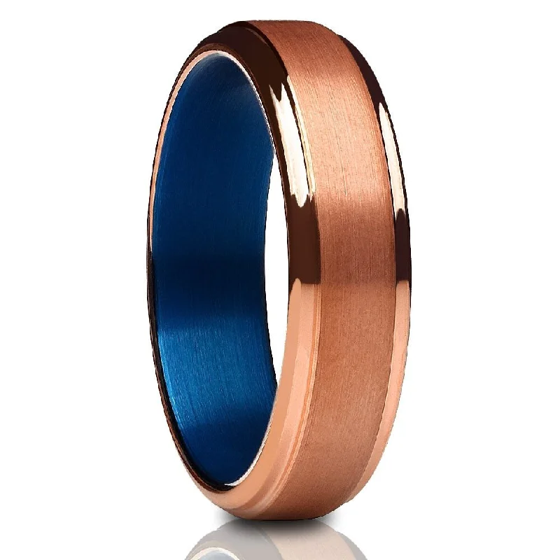 Women’s split shank engagement rings-6Mm Rose Gold Tungsten Wedding Ring Blue Comfort Fit Jewelry