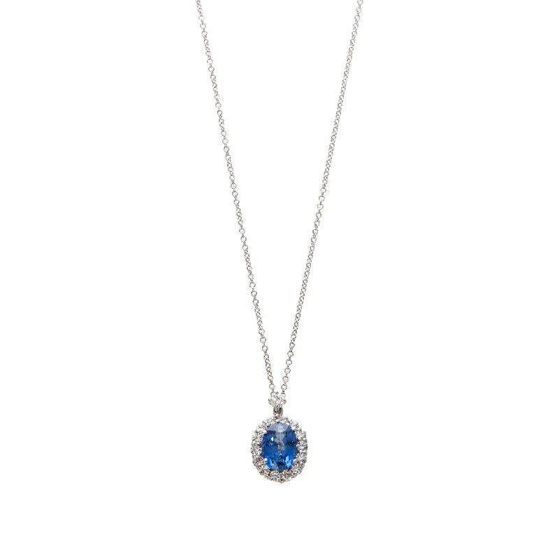 Women’s vintage gold necklaces-1.36ct Sapphire & Diamond Halo 18K White Gold Pendant Necklace