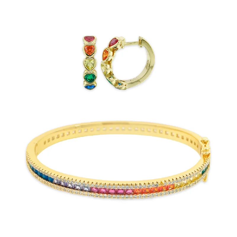 Women’s gold cuff bracelets-Two Sided Rainbow Baguette Bangle + Bezel Heart Huggies