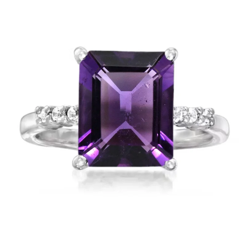 Women’s statement rings-925 Sterling Silver African Amethyst and White Topaz Gemstone Solitaire Ring