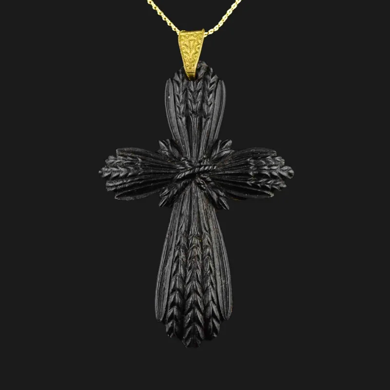 Women’s simple necklaces-Vintage Victorian Large Bog Oak Cross Pendant Necklace