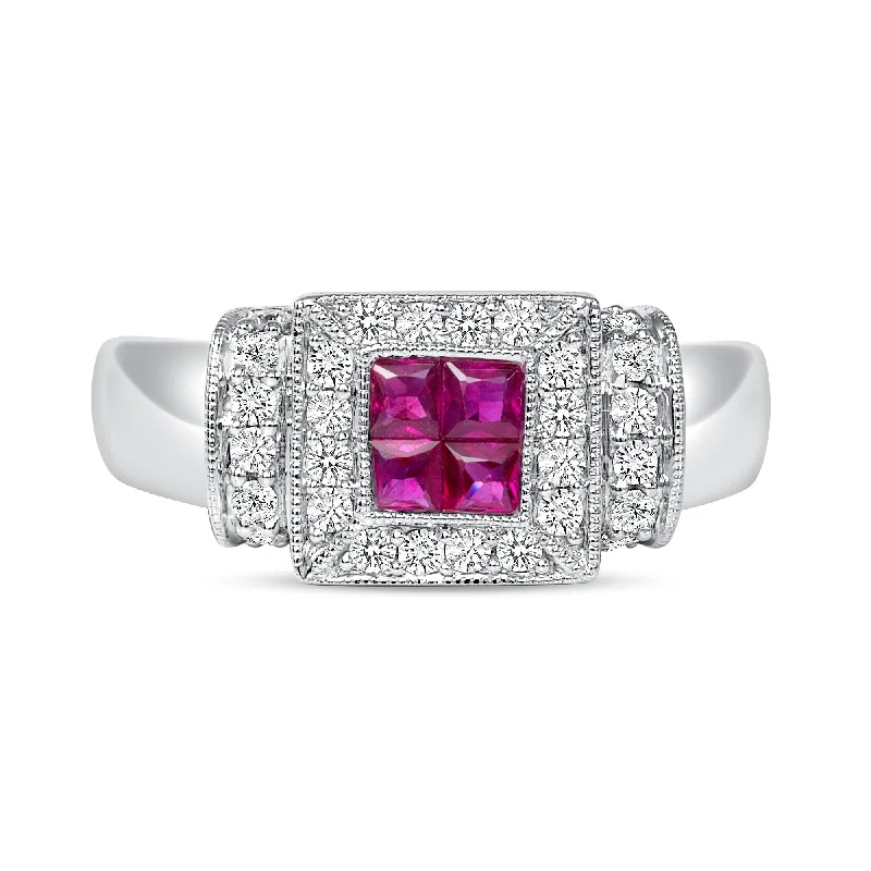 Women’s birthstone rings-0.28 ct Ruby and Diamond Ring in 14k White Gold