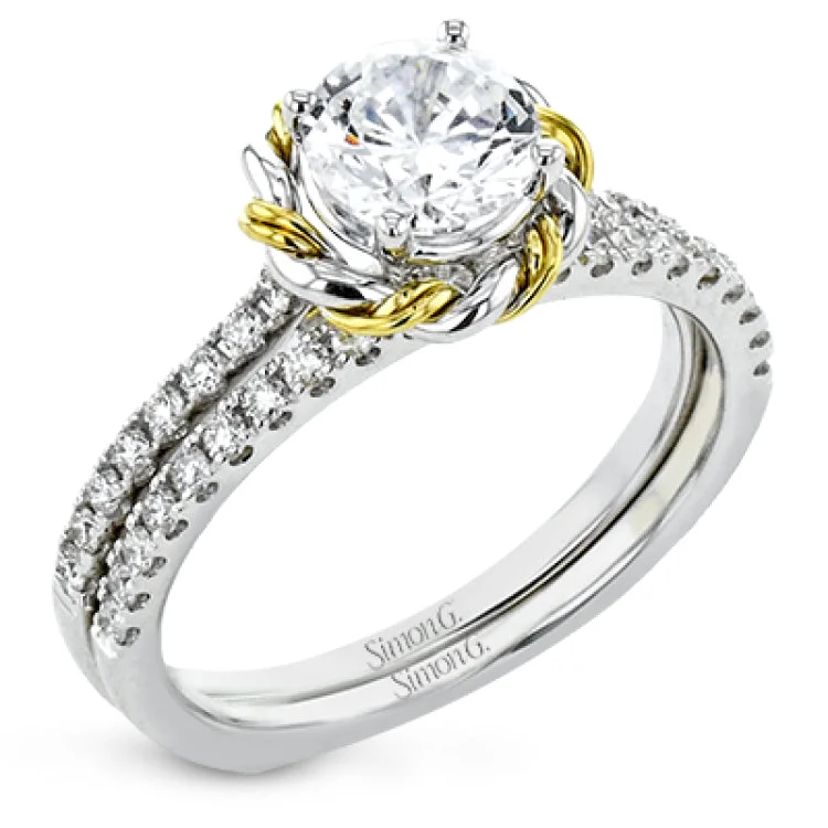 Women’s halo diamond engagement rings-This distinctive engagement ring features .40 ctw of white diamonds on the shank of the ring and a halo made from a twisted design of yellow and white gold.