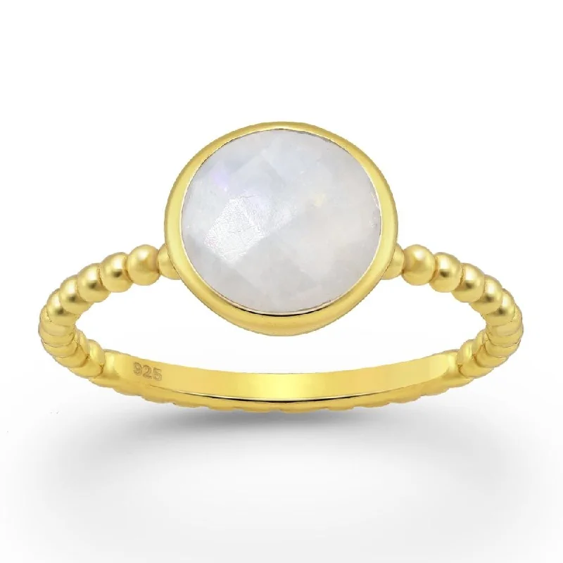 Women’s men’s wedding rings-Sterling Silver 18kt Gold Plated Beaded Band & Circular Rainbow Moonstone Ring