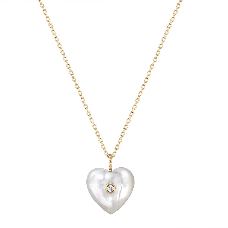 Women’s gemstone chain necklaces-Mother of Pearl & Diamond Heart 14K Yellow Gold Necklace