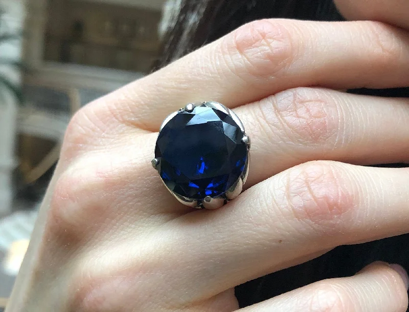 Women’s round engagement rings-Large Sapphire Ring - Blue Statement Ring, Blue Diamond Ring