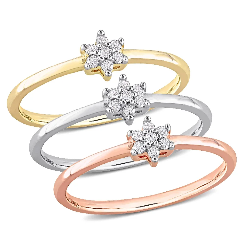 Women’s stylish engagement rings-Miadora 1/5ct TW Diamond Floral Promise Rings 3-Piece Set Yellow Rose White Sterling Silver