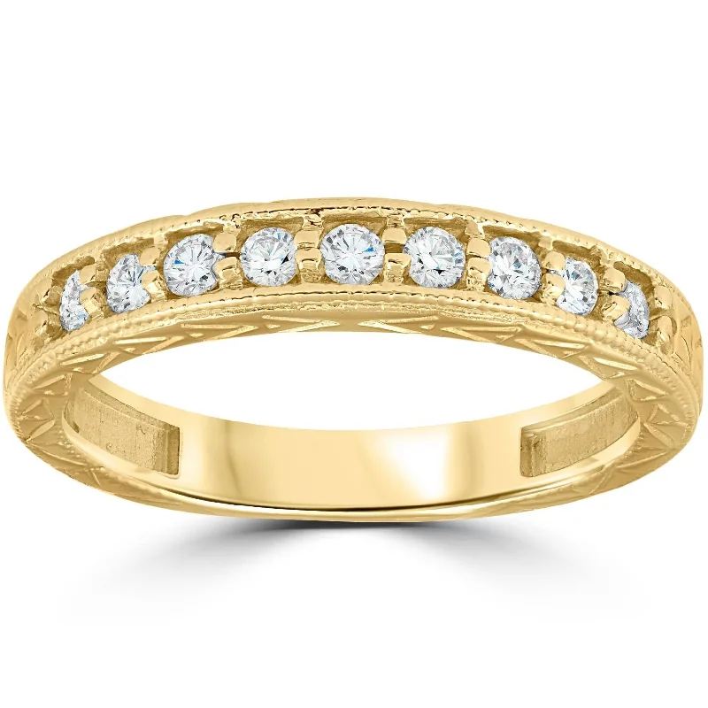 Women’s split shank engagement rings-1/4ct Hand Engraved Yellow Gold Diamond Wedding Ring