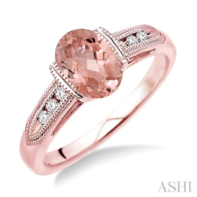 Women’s wedding set engagement rings-8x6 MM Oval Shape Morganite and 1/10 Ctw Diamond Ring in 14K Rose Gold