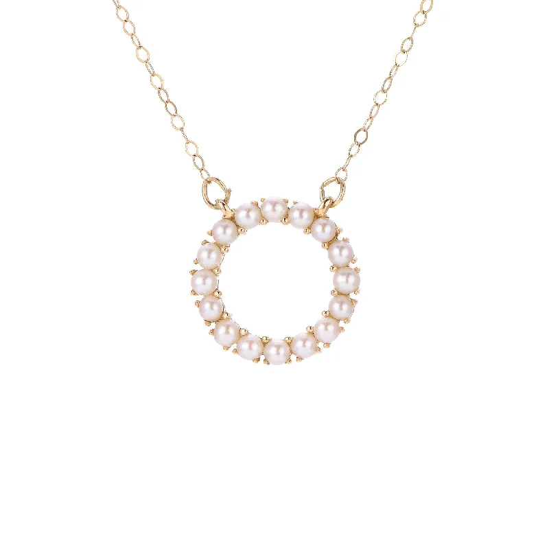 Women’s oval pendant necklaces-Freshwater Seed Pearl Circle 14K Yellow Gold Necklace