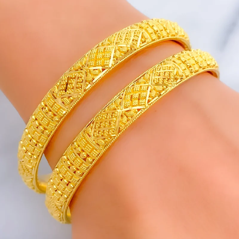 Women’s leather bracelets-Flawless Ornamental 22k Gold Bangle Pair