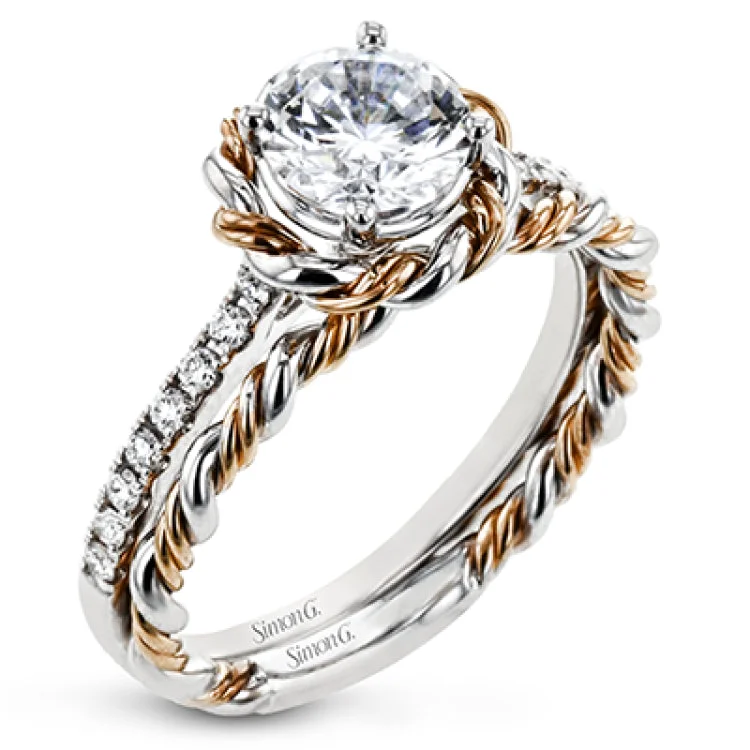 Women’s custom-designed engagement rings-This ring is certainly a twist on a classic, with the band and halo formed from two tones of 18k gold twisted together, and the engagement ring set with .18 ctw of diamonds.