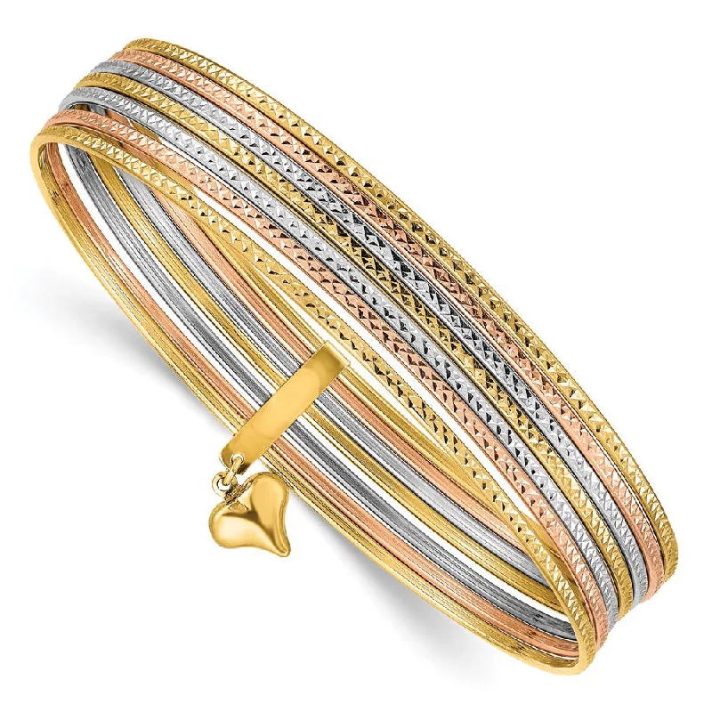 Women’s stylish bracelets-14K w/Dangle Heart Tri-color Set of 7 Textured Slip-on Bangles-WBC-DB536