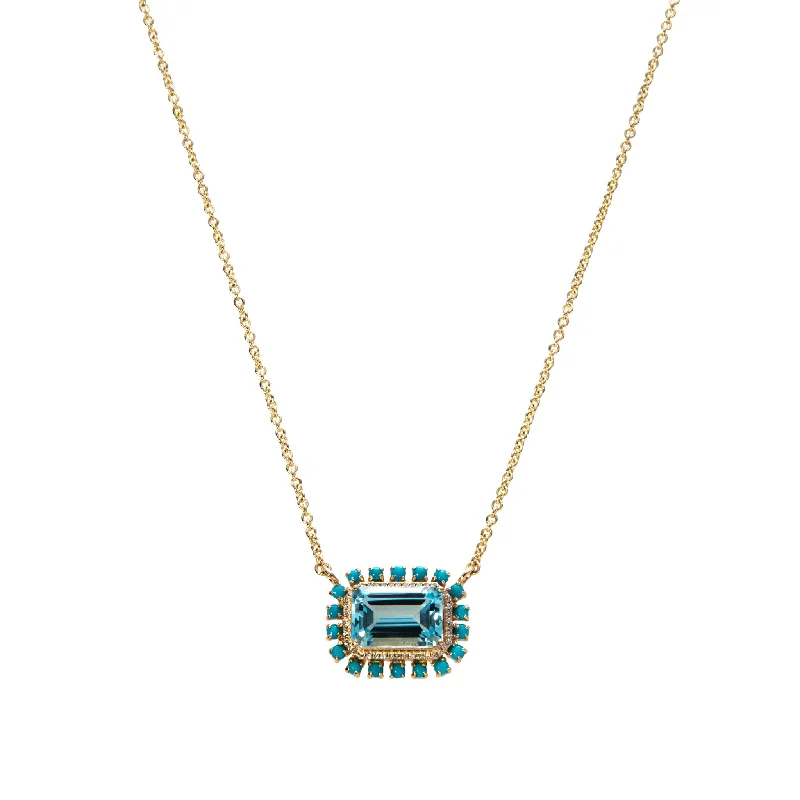 Women’s luxurious necklaces-Blue Topaz, Diamond & Turquoise 14K Yellow Gold Necklace