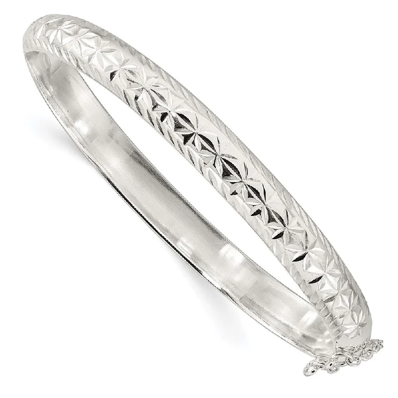 Women’s elegant bangles-Sterling Silver Polished and D/C 7.25mm Hinged  Bangle-WBC-QB1425