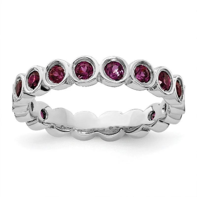 Women’s bridal sets-Curata 925 Sterling Silver Bezel Polished Patterned Stackable Expressions Rhodolite Garnet Ring