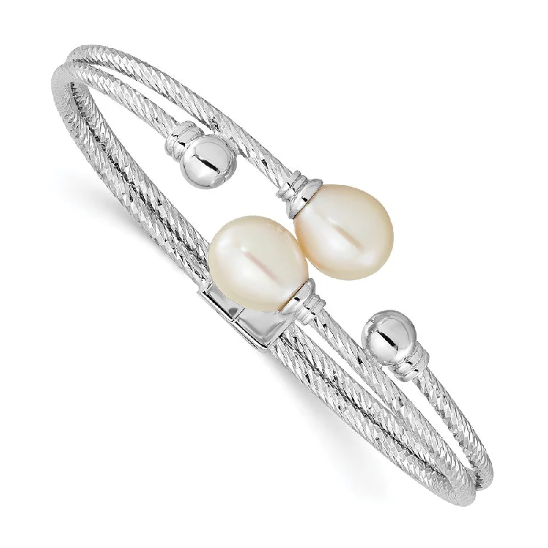 Women’s charm bangles-Sterling Silver Rhod-pl 8x10mm White Teardrop FWC Pearl Hinged Bangle-WBC-QH5644