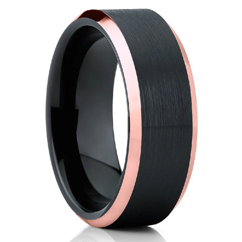 Women’s emerald engagement rings-Black Tungsten Carbide Wedding Ring 8Mm Rose Gold Ip Beveled Edge Comfort Fit