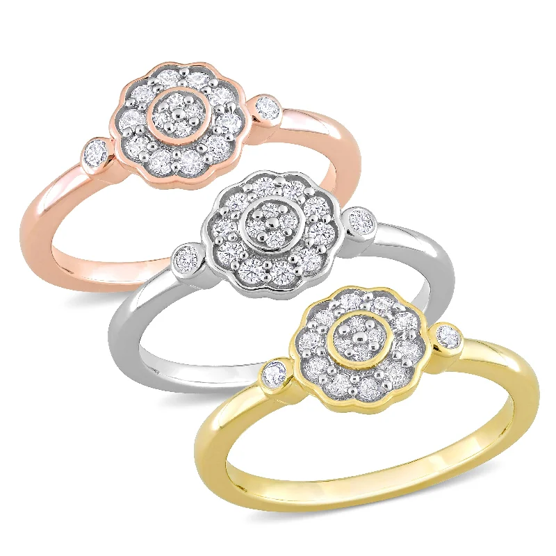 Women’s silver wedding rings-Miadora 3-Piece Set 5/8ct TW Diamond Flower Rings 3-Tone Rose Yellow White Sterling Silver