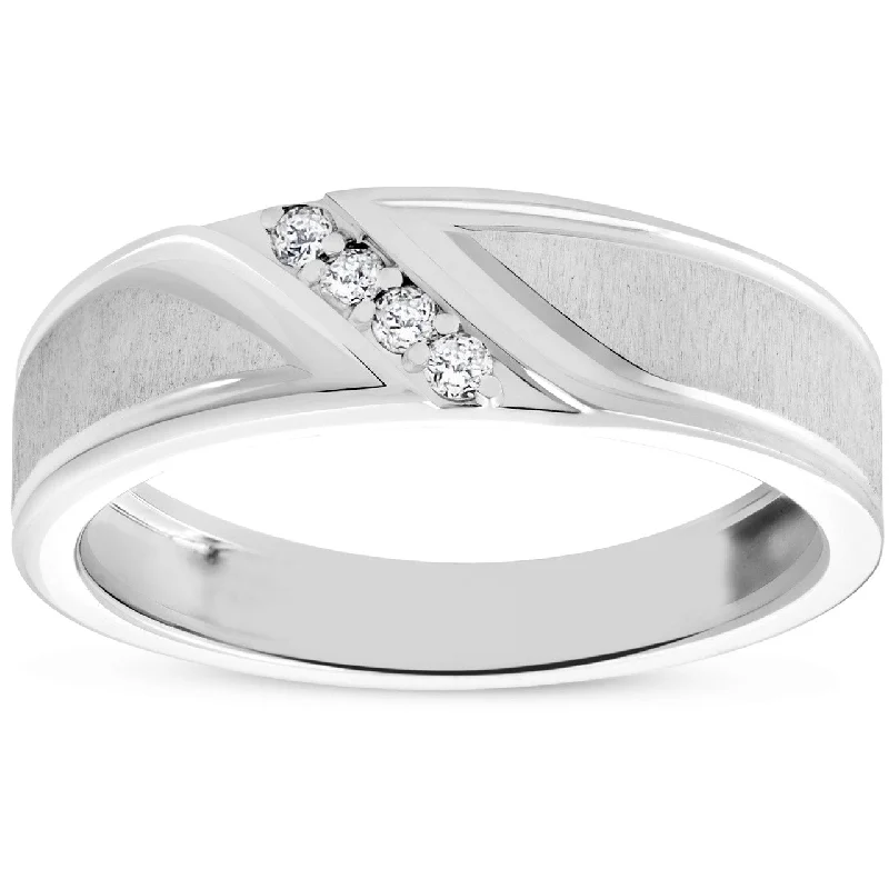 Women’s wide band engagement rings-Mens 1/10ct White Gold Diamond Ring Flat Classic Bushed Wedding Anniversary Band